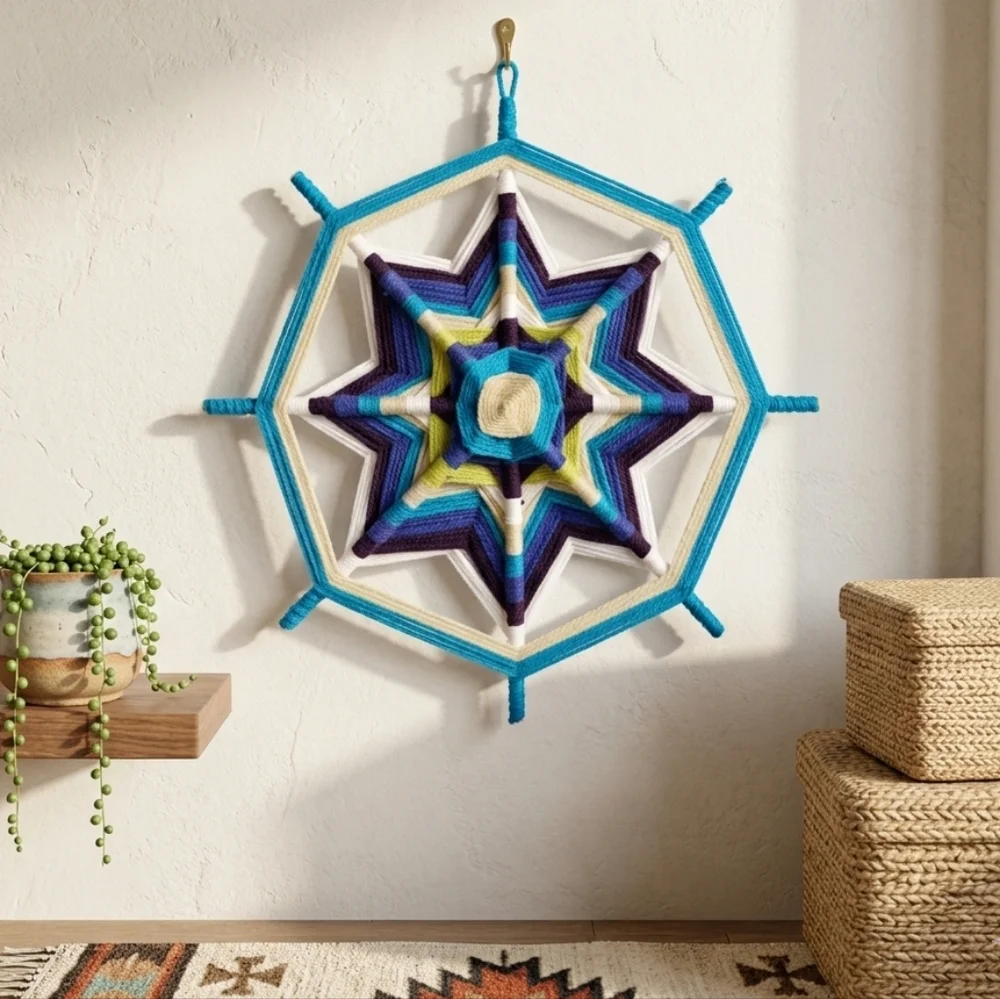 Handmade 8-Point Ojo de Dios Mandala - Navy & Royal Blue Yarn Wall Art 11